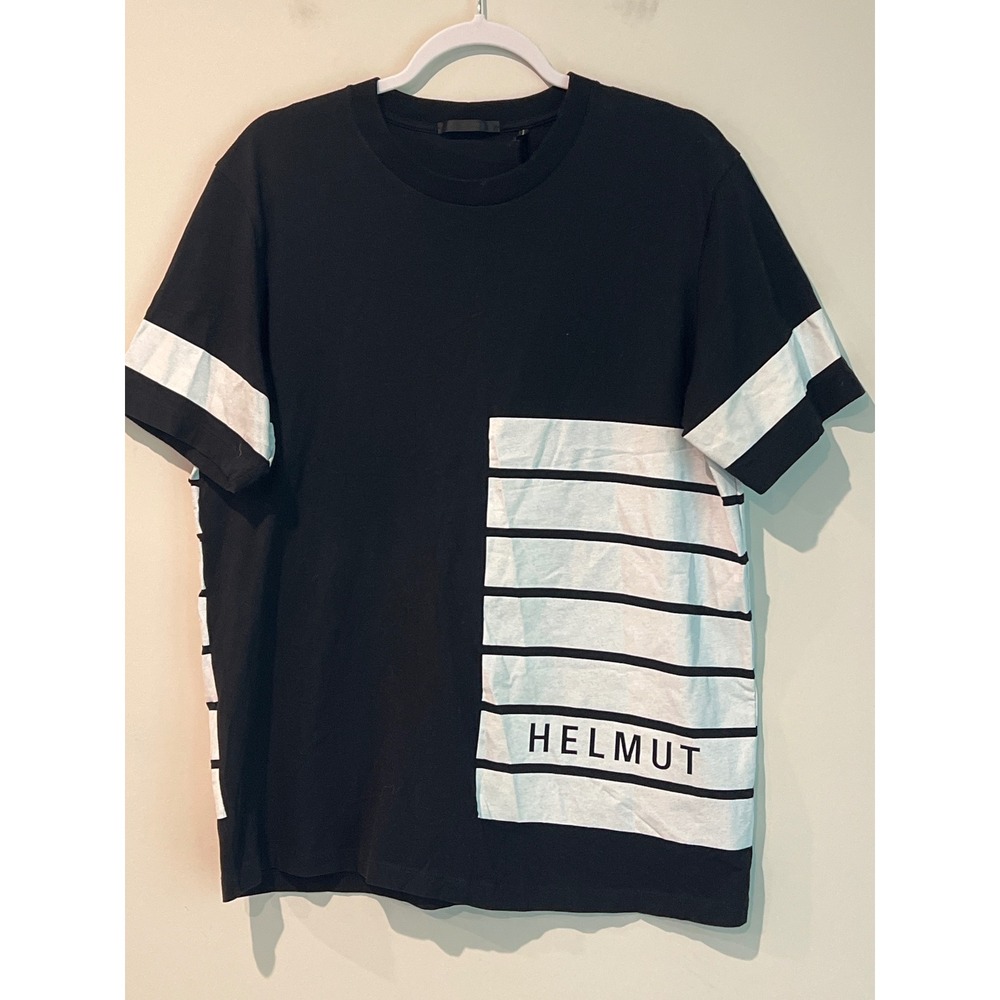 Helmut Lang Mens Black White Striped Graphic Logo T-Shirt Size L Streetwear Bold